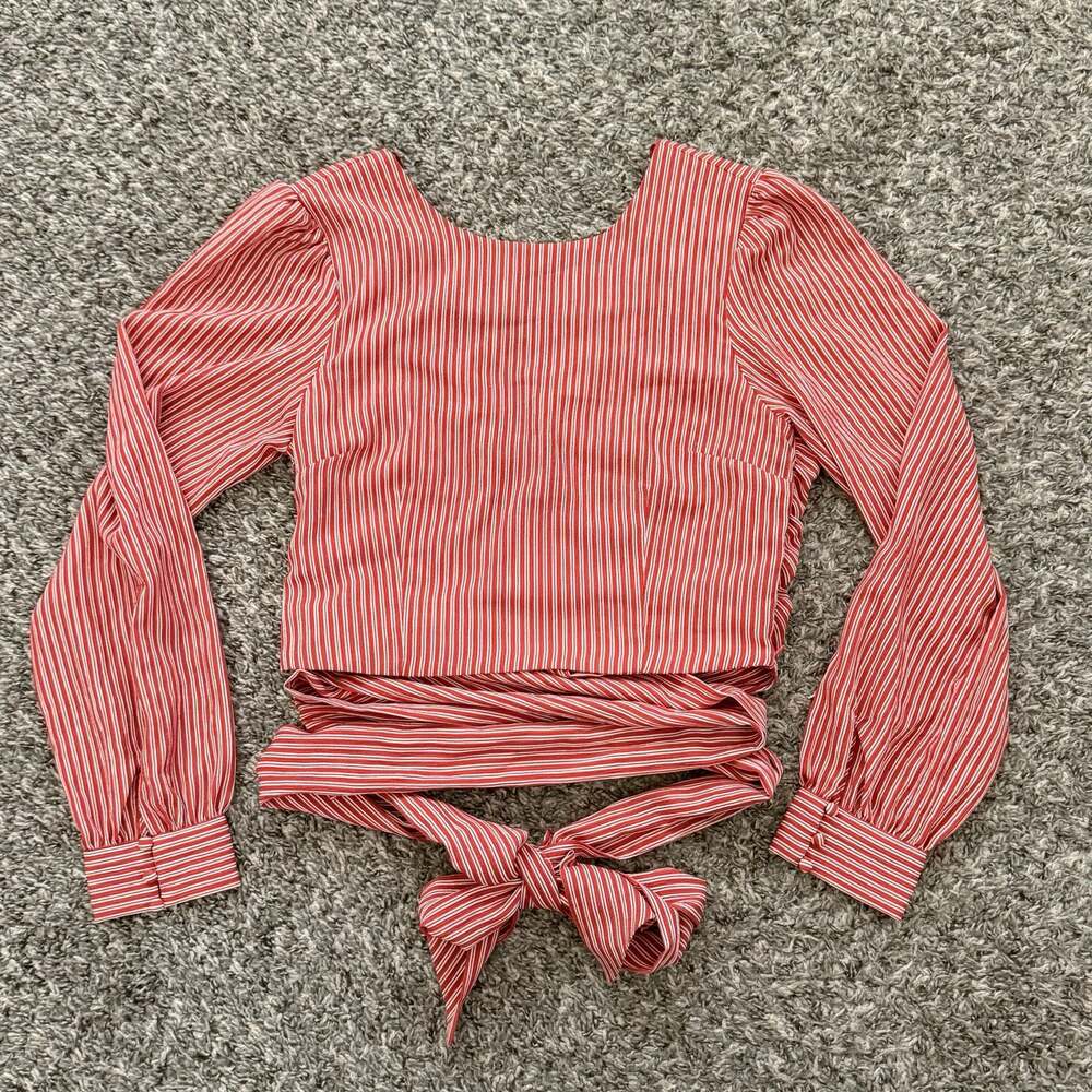 Chriselle x J.O.A. Red and White Striped Long Sleeve Tie-Waist Blouse